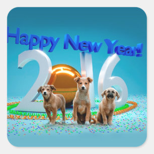 Cute Three Dogs Wishing Happy New Year 2016 Square Sticker