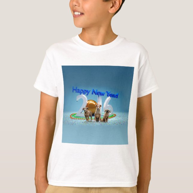 Cute Three Dogs Wishing Happy New Year 2016 T-Shirt (Front)