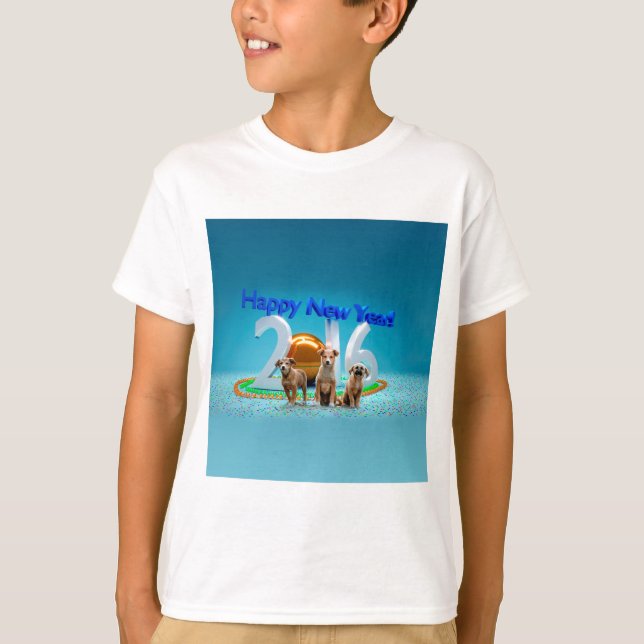 Cute Three Dogs Wishing Happy New Year 2016 T-Shirt (Front)