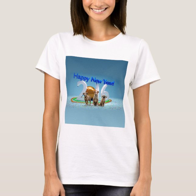 Cute Three Dogs Wishing Happy New Year 2016 T-Shirt (Front)
