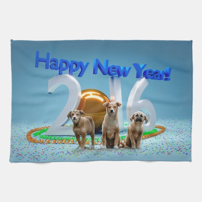 Cute Three Dogs Wishing Happy New Year 2016 Tea Towel (Horizontal)