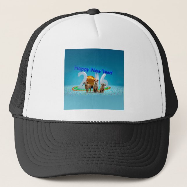 Cute Three Dogs Wishing Happy New Year 2016 Trucker Hat (Front)