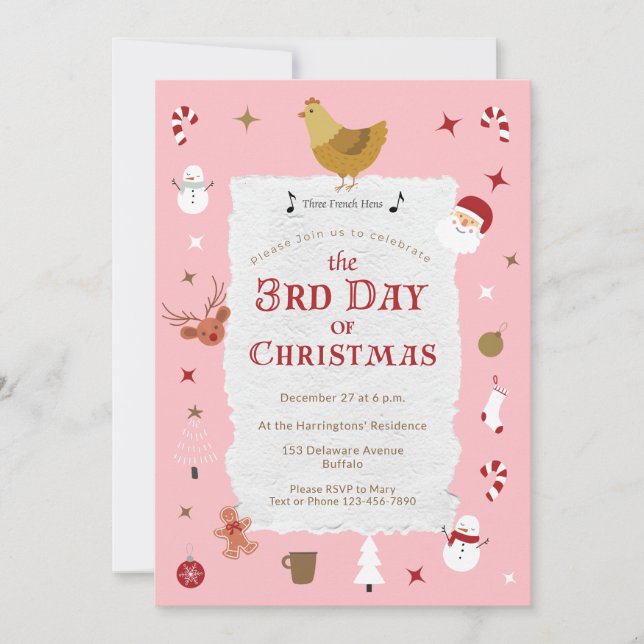 Cute Three French Hens 3rd Day of Christmas Party Invitation (Front)