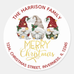 Cute Three Gnomes Merry Christmas Address Classic Round Sticker