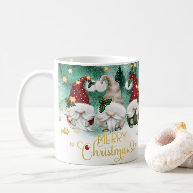 Cute Three Gnomes Merry Christmas Forest Coffee Mug (With Donut)
