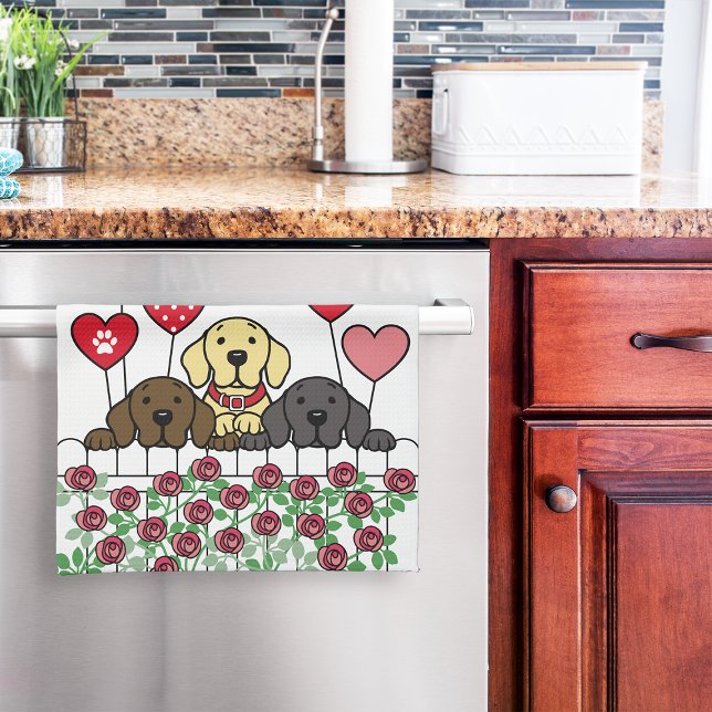 Cute Three Labradors Cartoon Watching Roses Tea Towel (Cute Three Labs Watching Kitchen Towel for Labrador Owners. Dog Cartoon Design.  Personalized.)
