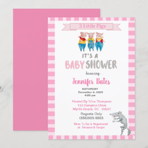 Cute Three Little Pigs Theme Pink Baby Shower     Invitation