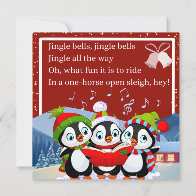 Cute Three Penguins Singing Jingle Bells Holiday Card (Front)