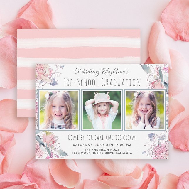 Cute Three-Photo Pre-School Graduation for Girl Invitation (Available as both printed and paperless digital download!)