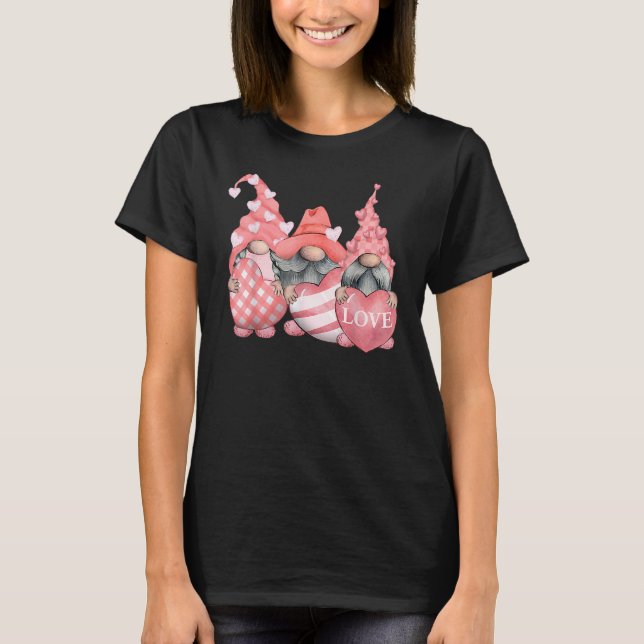 Cute Three Pink Gnomes Holding Hearts Funny Valent T-Shirt (Front)