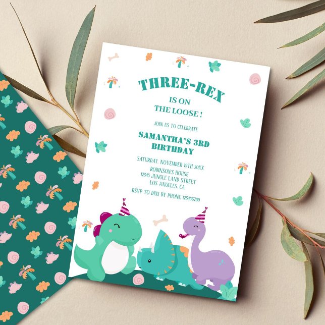 Cute three-rex 3rd dinosaur birthday  invitation (Creator Uploaded)