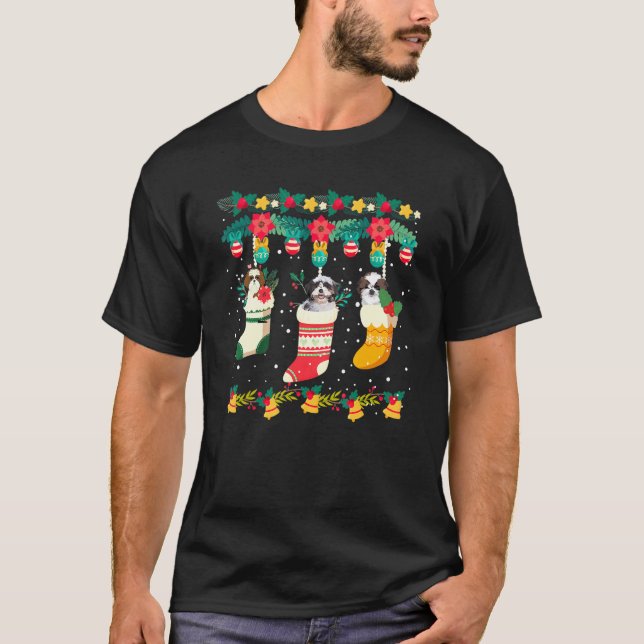 Cute Three Shih Tzu In Socks Christmas Funny Pajam T-Shirt (Front)