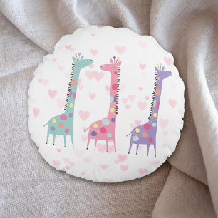 Cute Three Spotted Giraffes on Hearts Kid's Round Cushion