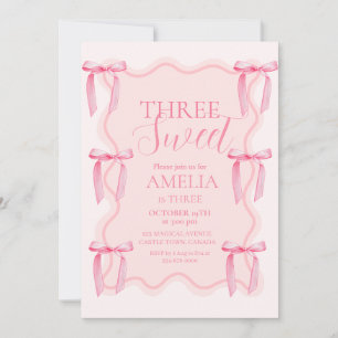 Cute Three Sweet Pink Bow 3rd Birthday Party Invitation