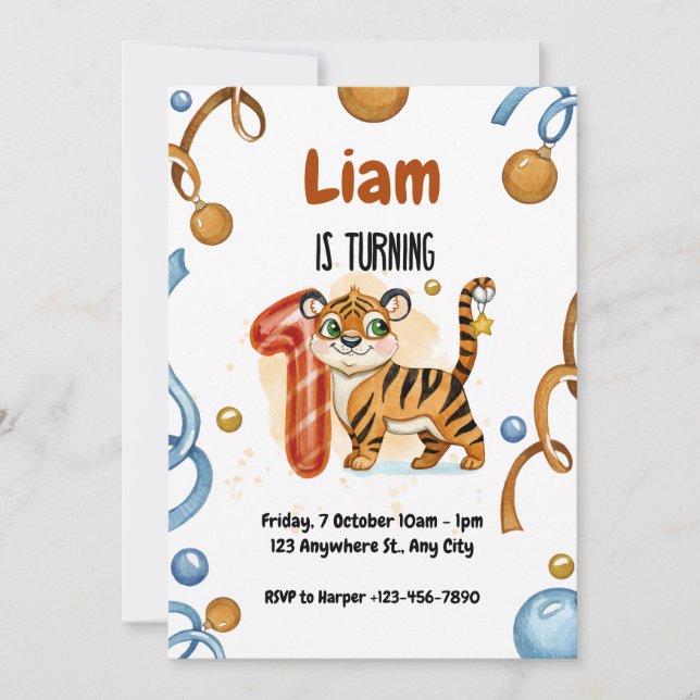 Cute Tiger 1st Birthday Party Invitation (Front)