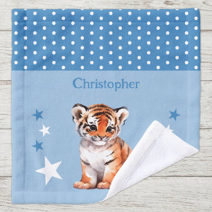 Cute tiger add name polka dots stars blue wash cloth