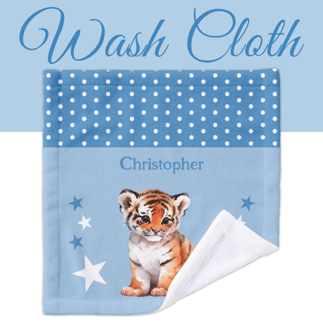 Cute tiger add name polka dots stars blue wash cloth (Creator Uploaded)