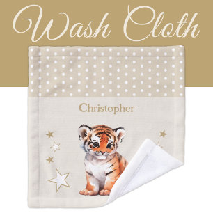 Cute tiger add name polka dots stars brown wash cloth