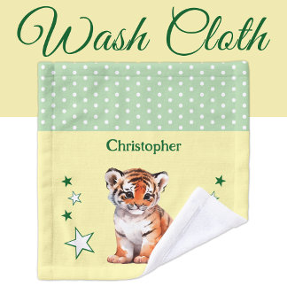 Cute tiger add name polka dots stars green wash cloth