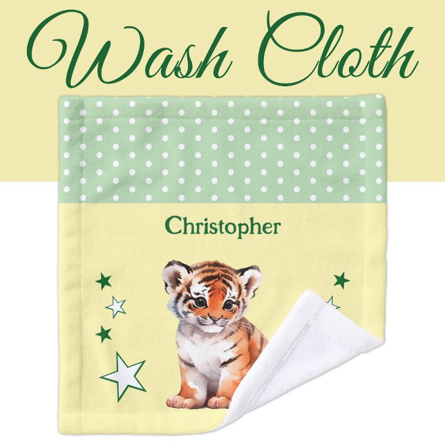 Cute tiger add name polka dots stars green wash cloth (Creator Uploaded)