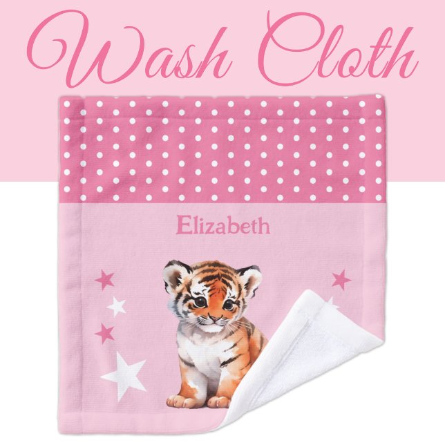 Cute tiger add name polka dots stars pink wash cloth (Creator Uploaded)