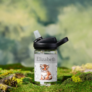 Cute tiger add name with stars kids grey water bottle