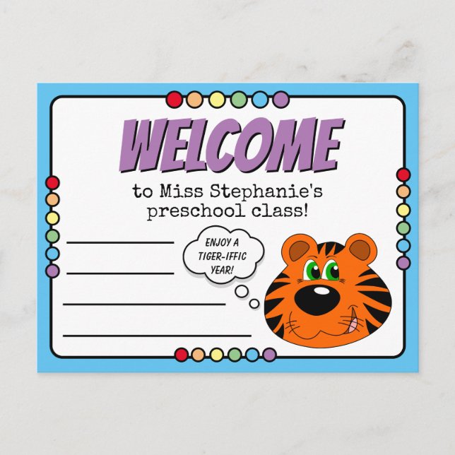 Cute Tiger And Rainbow Preschool Welcome To Class Postcard (Front)