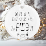 Cute Tiger Babys First Christmas Black White Ornament<br><div class="desc">Commemorate baby's first Christmas with this cute keepsake ornament,  featuring a simple modern black and white drawing of a tiger. Personalise it with baby's name and the year in hand-drawn printing font.</div>