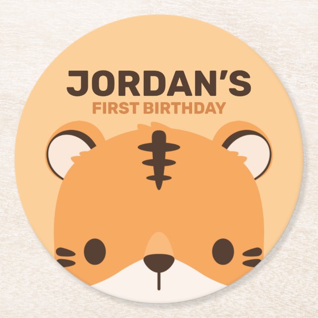 Cute Tiger Birthday Round Paper Coaster (Front)