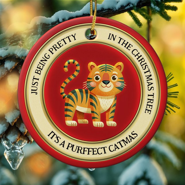Cute Tiger Cat Illustrated Christmas Ceramic Tree Decoration (Cute whimsical Christmas ornament featuring an illustration of a tiger kitty in a simple happy style)