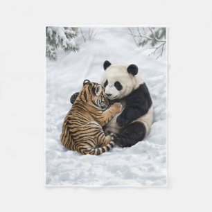 Cute Tiger Cub And Panda Playing In Snow Art Fleec Fleece Blanket