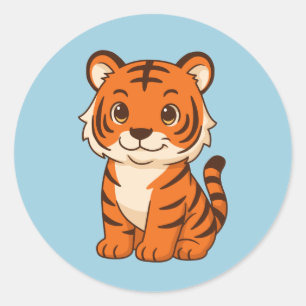 Cute Tiger Cub on Blue Classic Round Sticker