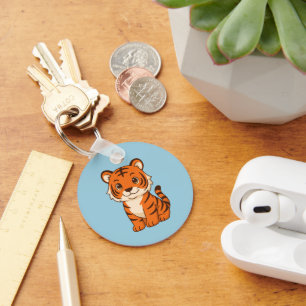 Cute Tiger Cub on Blue Key Ring