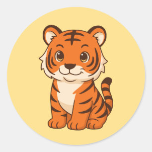 Cute Tiger Cub on Yellow Classic Round Sticker