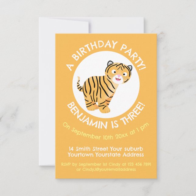 Cute tiger cub personalised cartoon birthday invitation (Front)