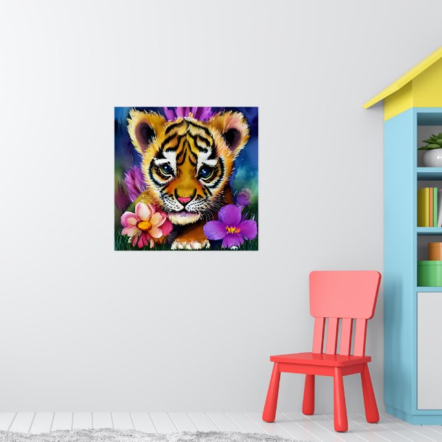 Cute Tiger Cub Surrounded by Flowers Poster (Nursery 1)