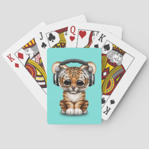 Cute Tiger Cub Wearing Headphones Playing Cards