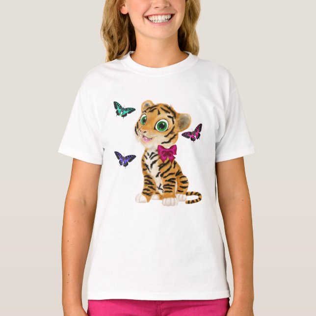 Cute Tiger Cub with Pink Bow & Butterflies T-Shirt (Front)