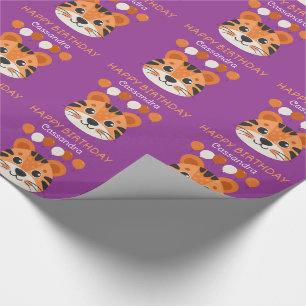 Cute Tiger Face Balloon Name Purple Kids Birthday Wrapping Paper