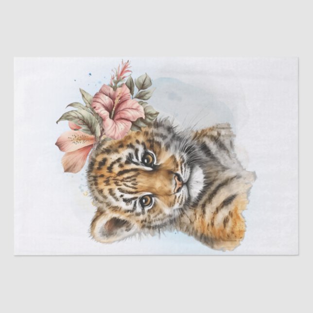 Cute Tiger Floral Cub Watercolor Tissue Paper (Front)