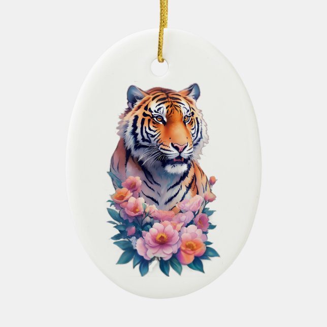 Cute Tiger Flowers  Ceramic Tree Decoration (Front)