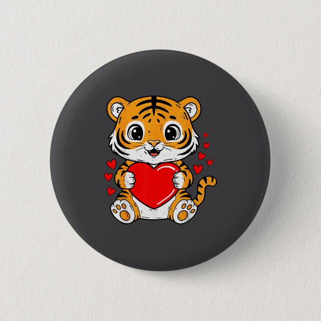 Cute Tiger Holding Heart Kawaii Valentines Day Men 6 Cm Round Badge (Front)