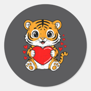 Cute Tiger Holding Heart Kawaii Valentines Day Men Classic Round Sticker