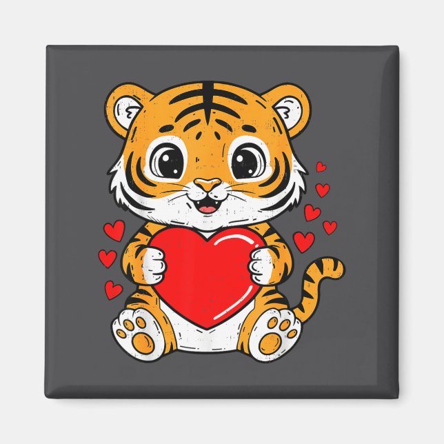 Cute Tiger Holding Heart Kawaii Valentines Day Men Magnet (Front)