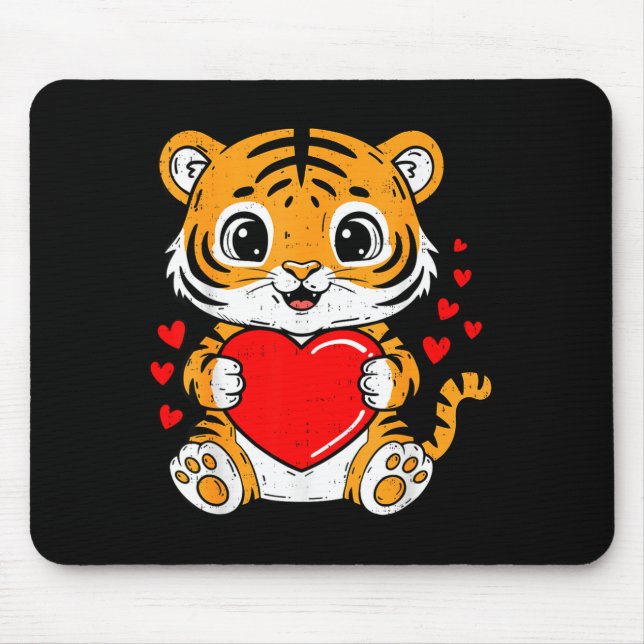 Cute Tiger Holding Heart Kawaii Valentines Day Men Mouse Mat (Front)