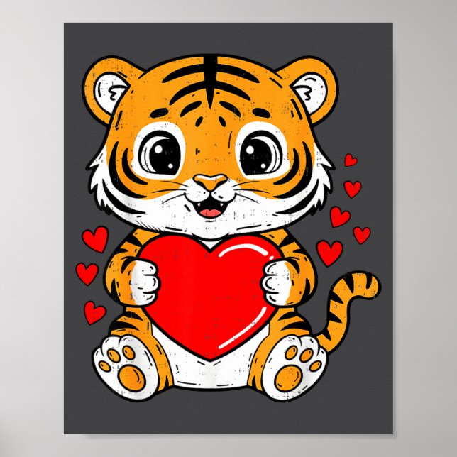 Cute Tiger Holding Heart Kawaii Valentines Day Men Poster (Front)