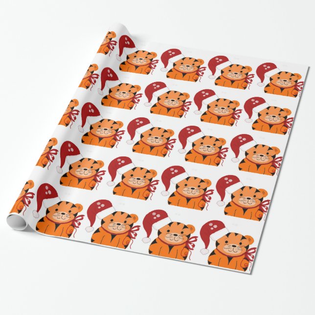 Cute Tiger in a Santa Hat Wrapping Paper (Unrolled)