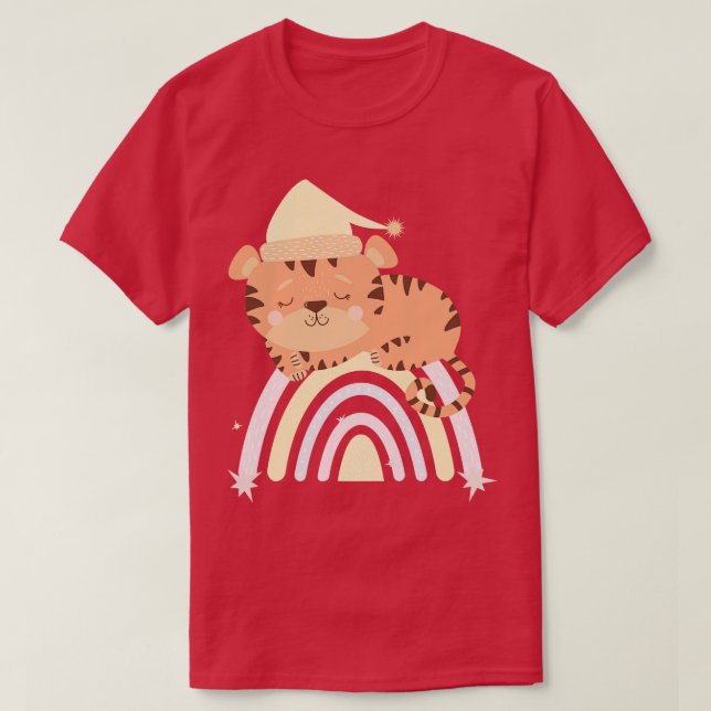 Cute tiger in nightcap sleeps on rainbow T-Shirt (Design Front)