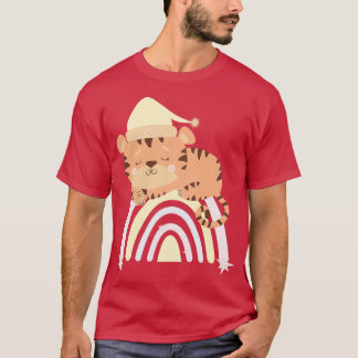 Cute tiger in nightcap sleeps on rainbow T-Shirt