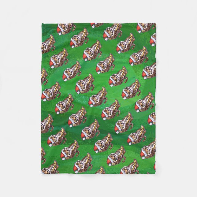 Cute Tiger in Santa Hat On Green Fleece Blanket (Front)
